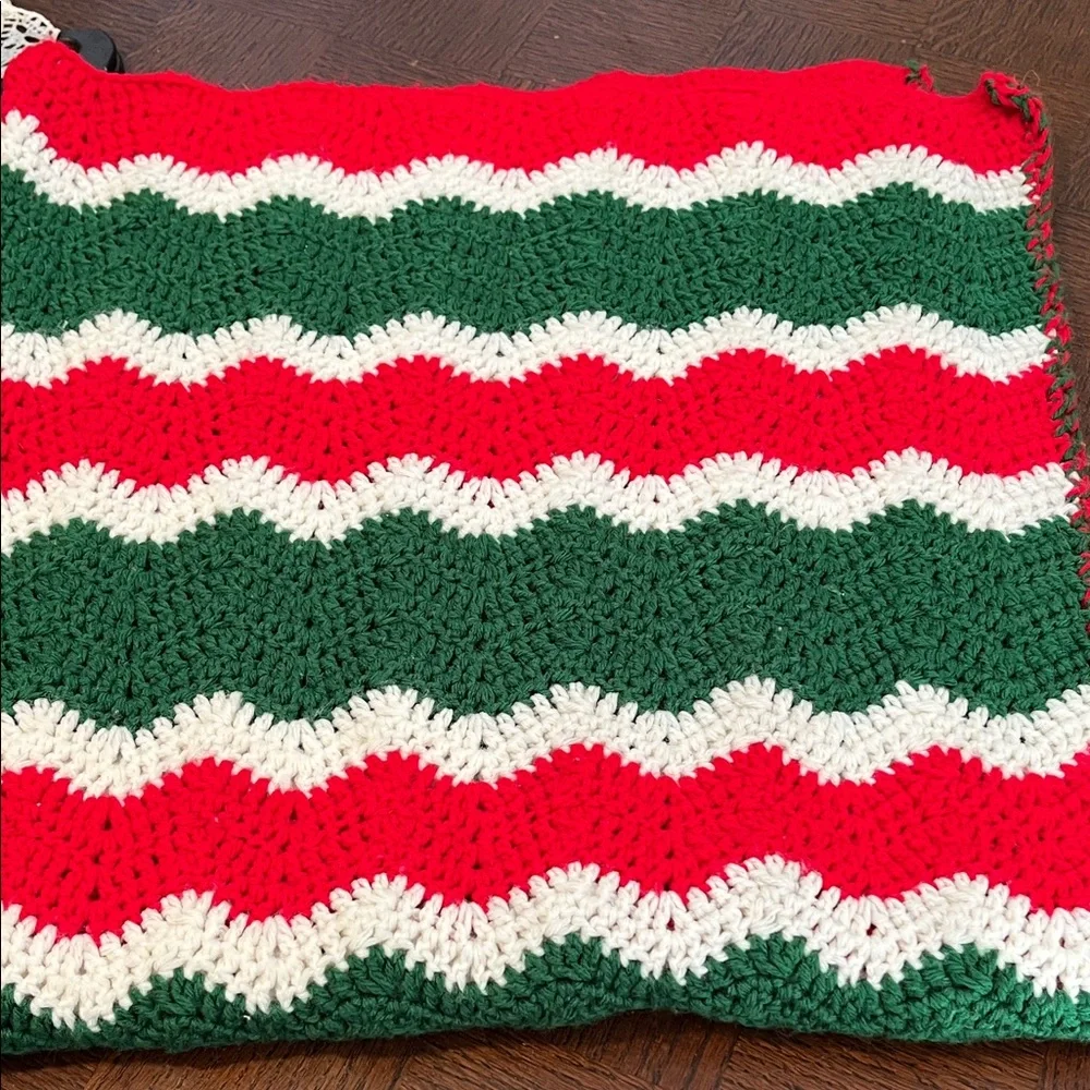 Festive handmade crochet Throw Blanket - Red, Green, and White. Size 41” x 36”